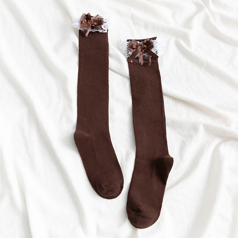 Ladies’ Mid-Length Calf Socks with White Lace Trim – Soft & Stylish