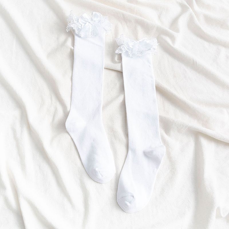 Ladies’ Mid-Length Calf Socks with White Lace Trim – Soft & Stylish