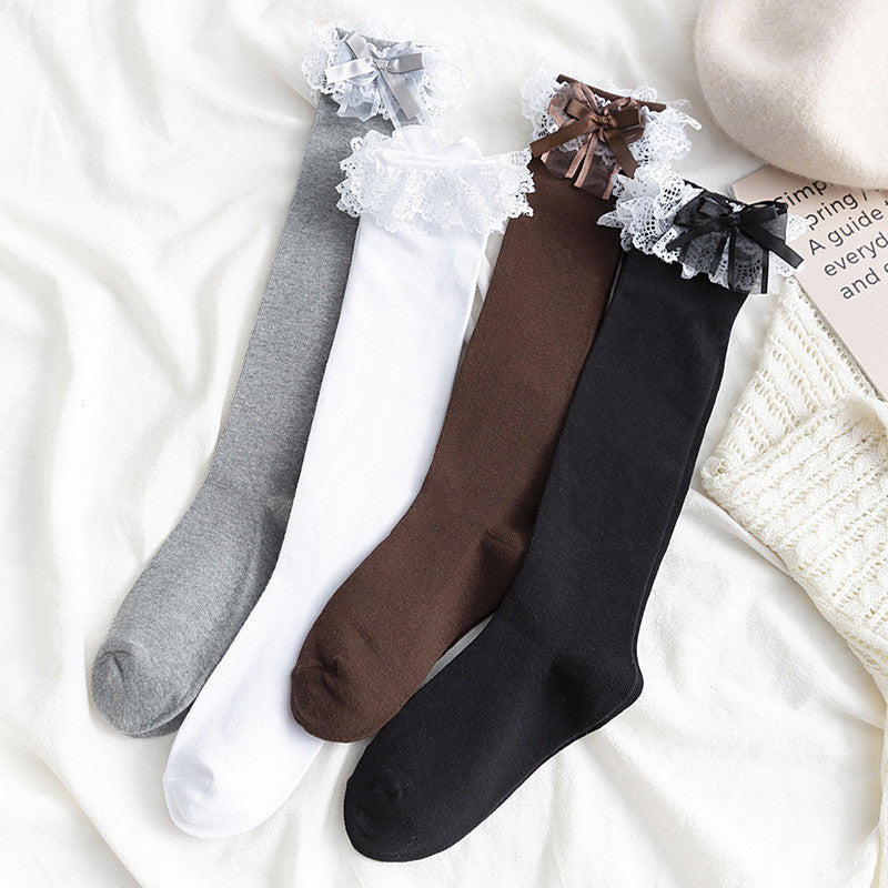 Ladies’ Mid-Length Calf Socks with White Lace Trim – Soft & Stylish