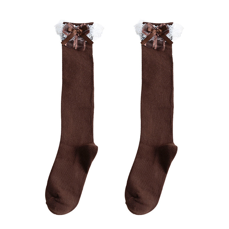 Ladies’ Mid-Length Calf Socks with White Lace Trim – Soft & Stylish