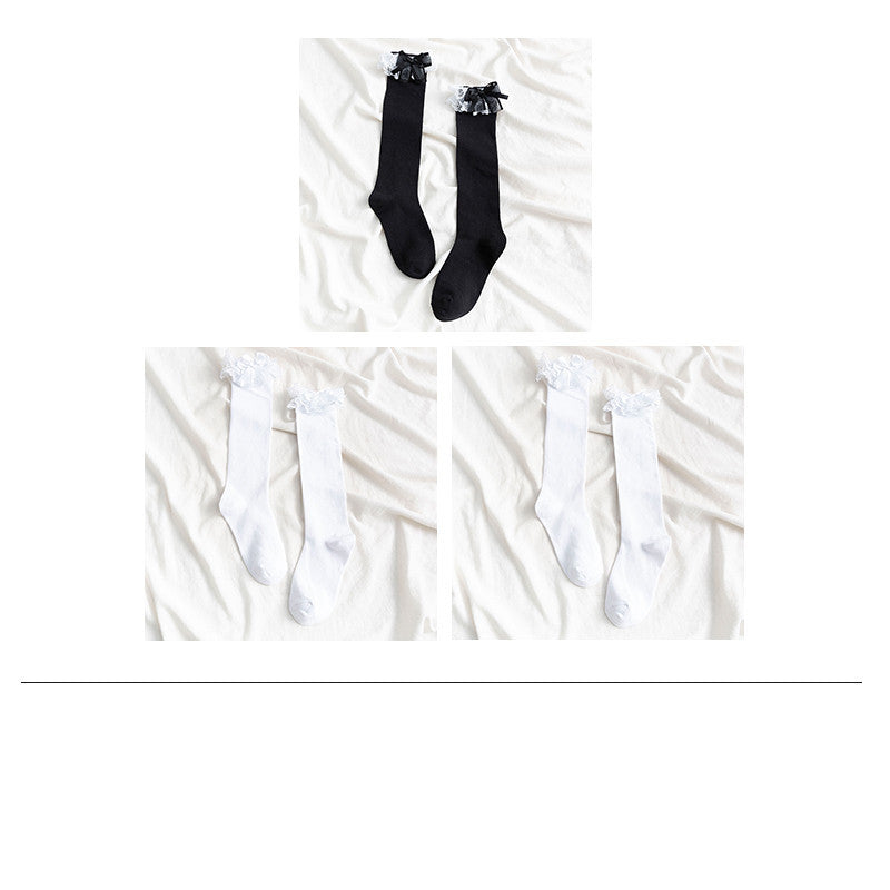 Ladies’ Mid-Length Calf Socks with White Lace Trim – Soft & Stylish