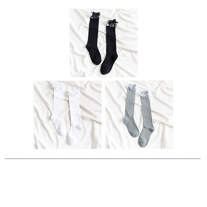 Ladies’ Mid-Length Calf Socks with White Lace Trim – Soft & Stylish