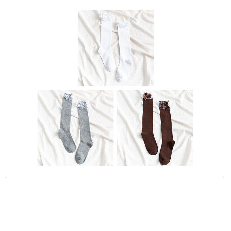 Ladies’ Mid-Length Calf Socks with White Lace Trim – Soft & Stylish