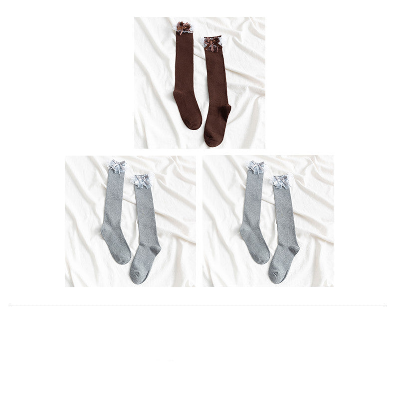 Ladies’ Mid-Length Calf Socks with White Lace Trim – Soft & Stylish