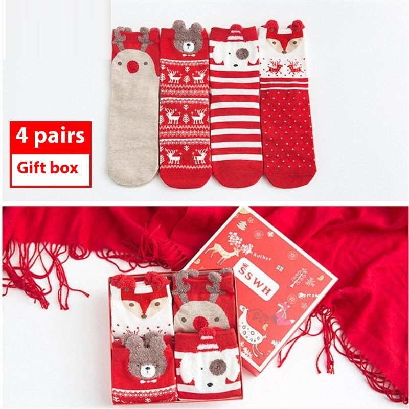 Holiday Gift Box for Women – 4 Pairs Soft Cotton Christmas Mid-Tube Socks