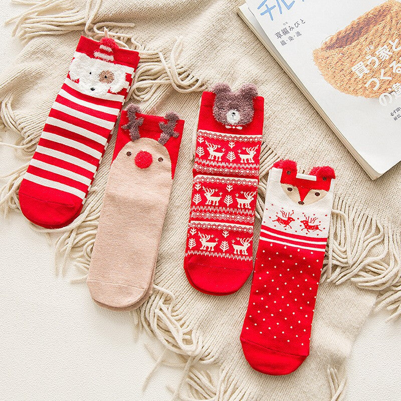 Holiday Gift Box for Women – 4 Pairs Soft Cotton Christmas Mid-Tube Socks