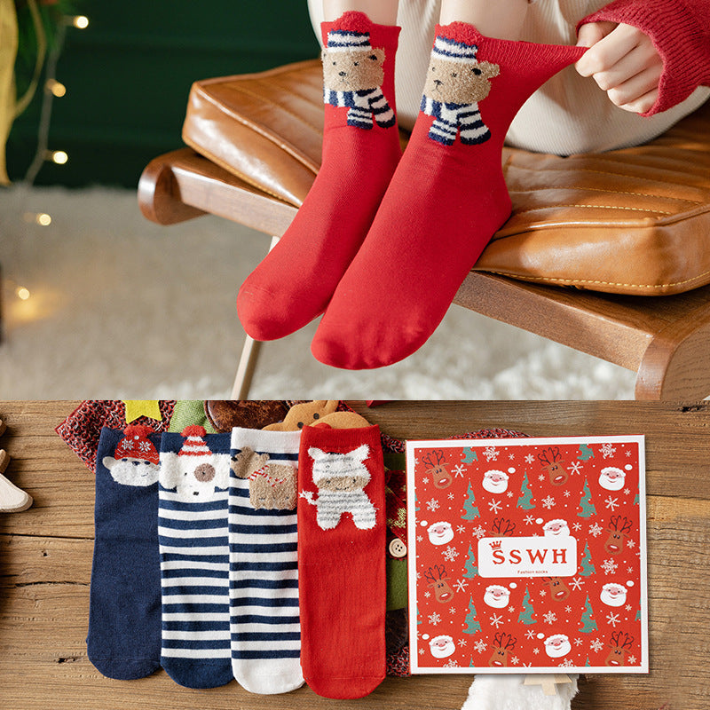 Holiday Gift Box for Women – 4 Pairs Soft Cotton Christmas Mid-Tube Socks